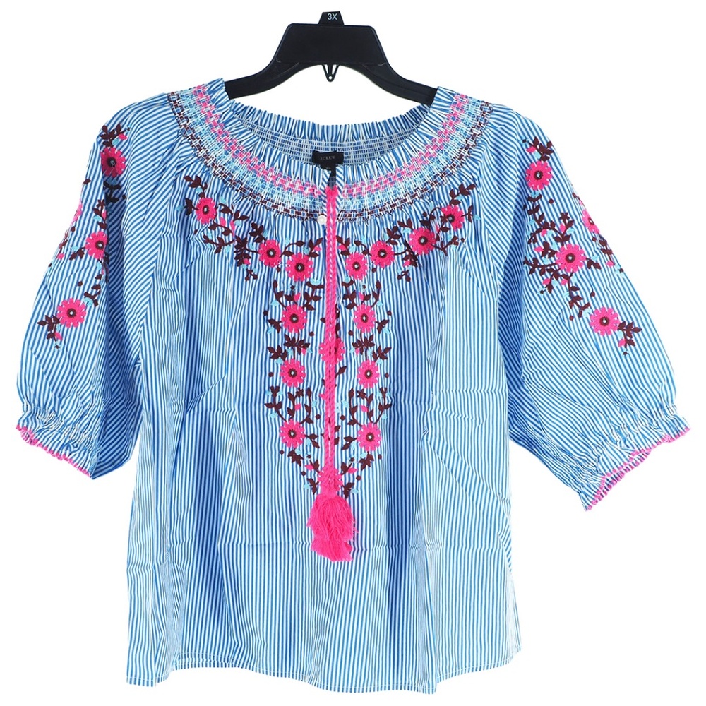 J. Crew Embroidered Smocked Top in Cotton Poplin Stripe
